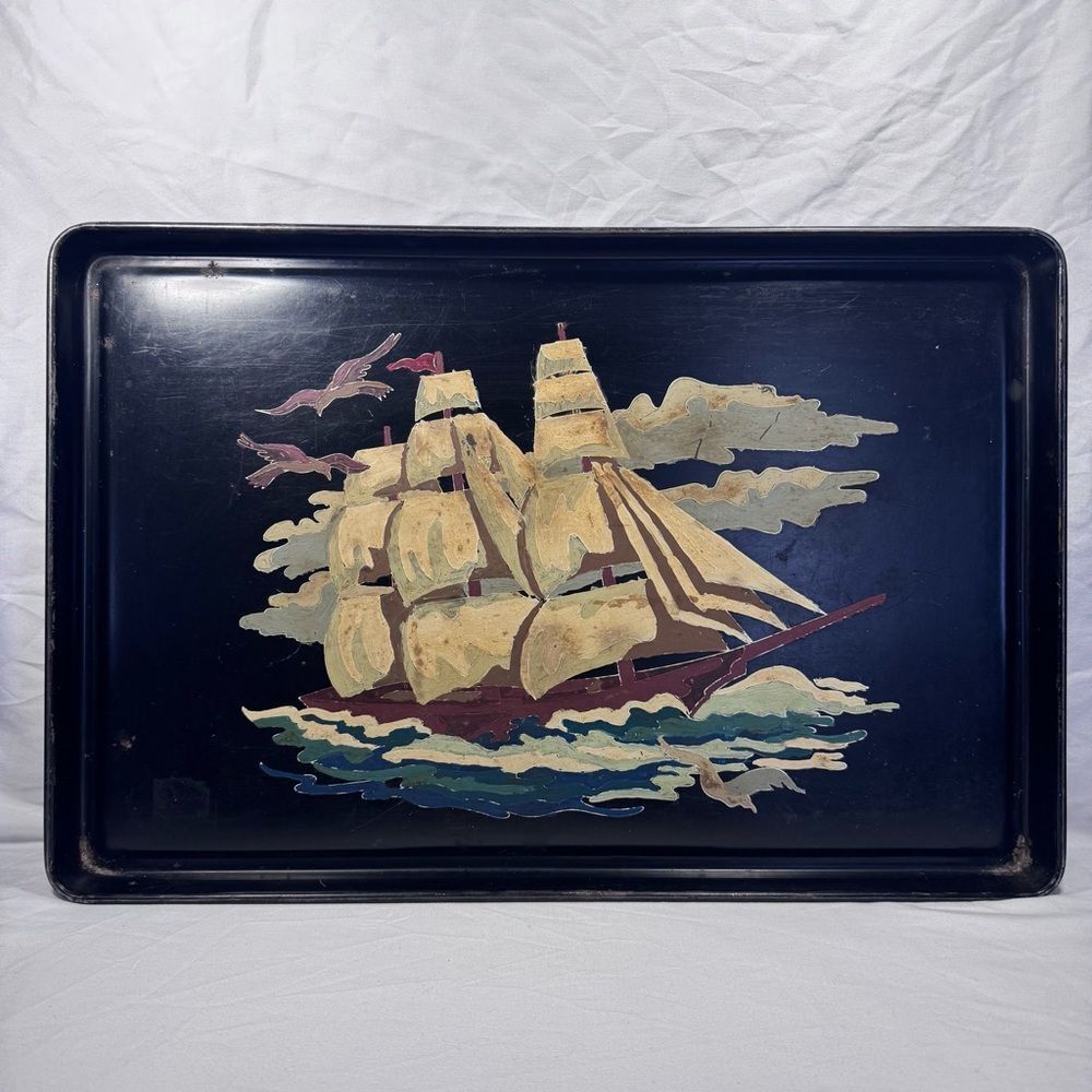 Vintage Black Metal Serving Tray with Painted Sailing Ship